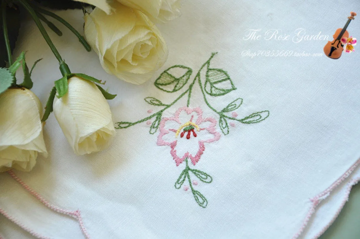 6pcs Pastoral White Cotton Colored Embroidered Afternoon Tea Napkin Handkerchief
