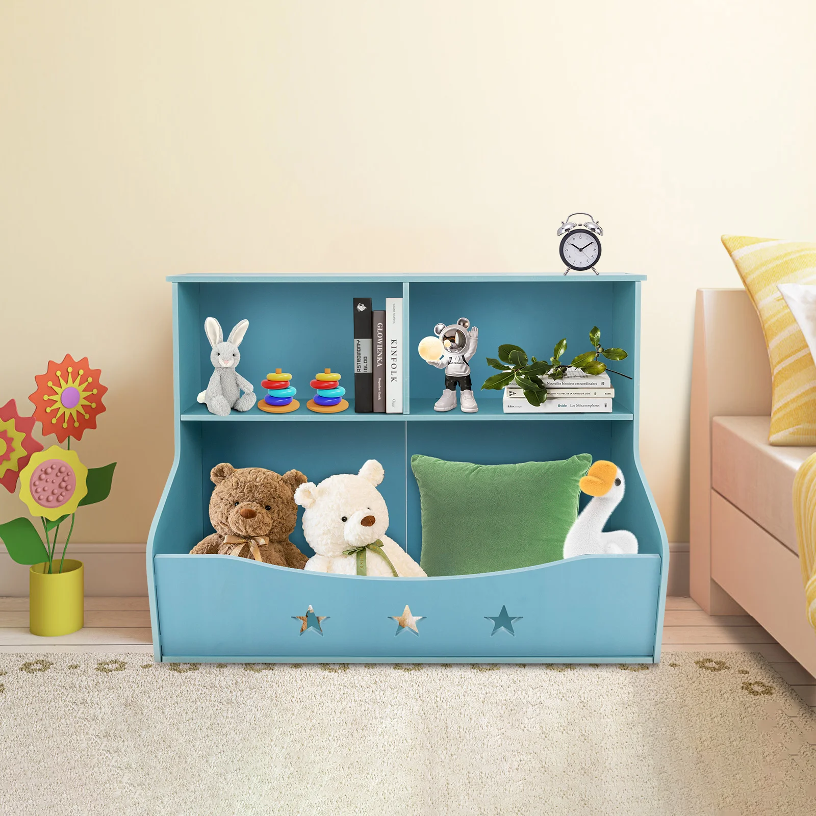 Children’s Book Shelf, PVC Board, 2 Vertical Compartments, Large Bottom Bin, Cute Light Blue Design, Ideal for Books and Toys
