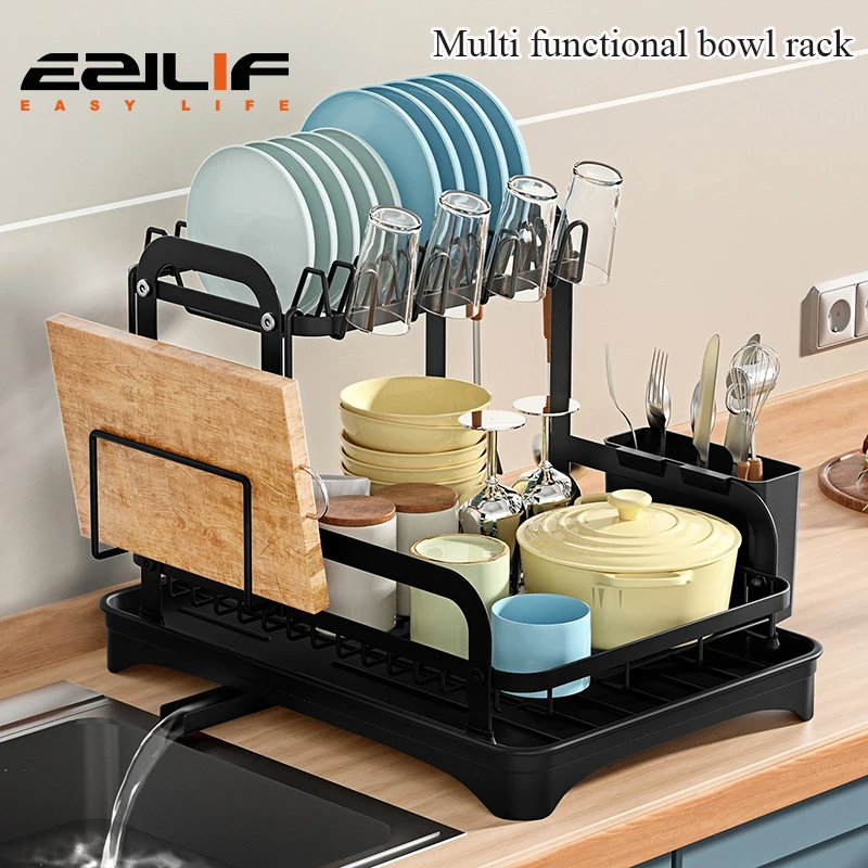 

2 Tier Dish Bowl Drainer Storage Rack Kitchen Dish Drying Rack with Drain Basket Countertop Dinnerware Organizer Drainboard