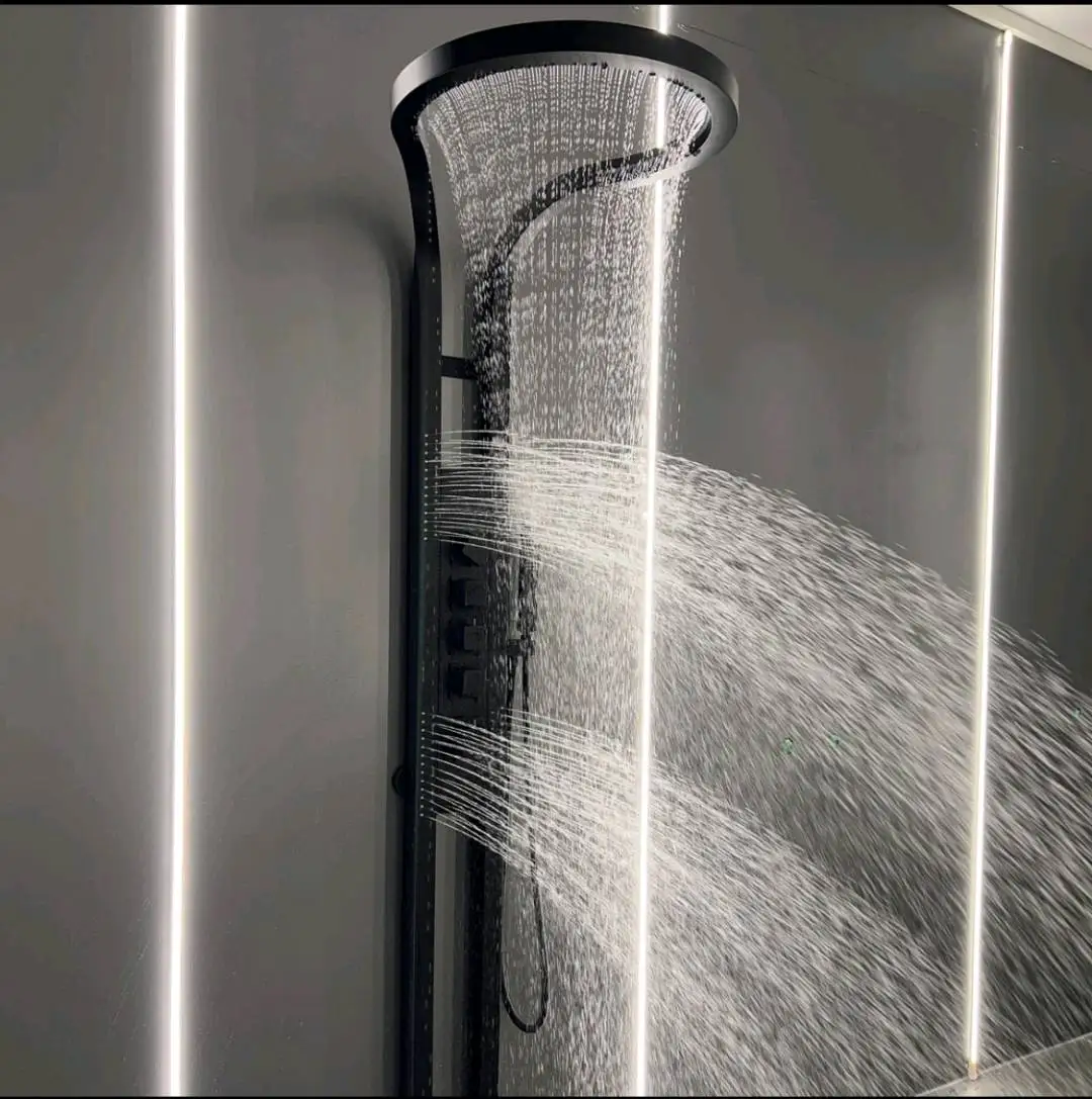 2025 TikTok Hot Sale Black Brass Copper Wall-Mounted Multifunction Bathroom Waterfall Rainfall Shower Head Set Jet Panel System
