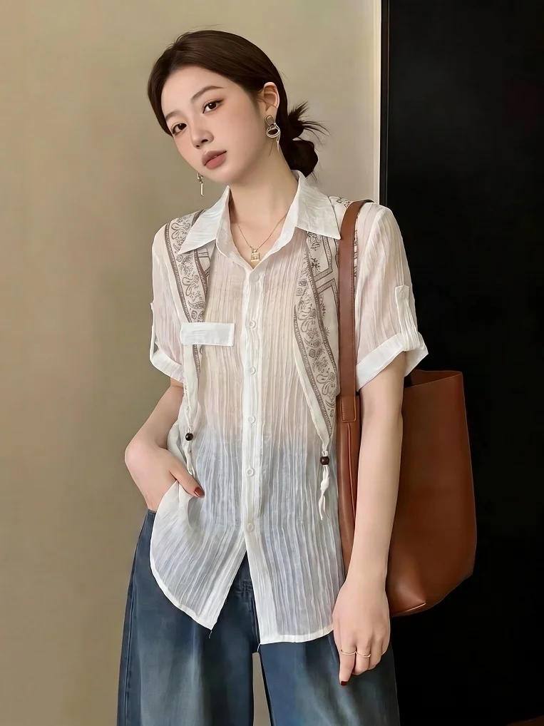 

Elegant Silk Scarf Short Sleeve Shirt Women's Summer New Style Large Size Fat MM Thin Commute Top Korean Version Loose Fit