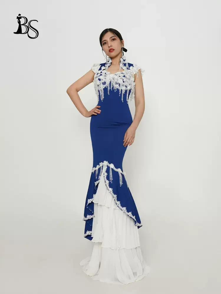 

Baisha Sleeveless Evening Dress Banquet Noble Tassels Mermaid Gown New 2024 Pearl Beading Blue Skirt Celebrity Prom Party 590