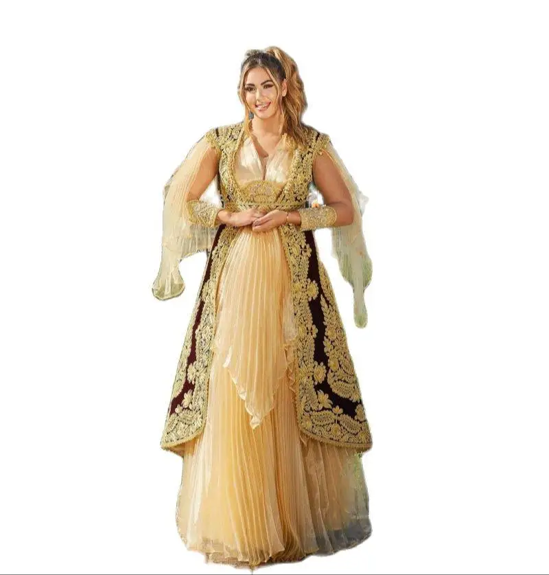 Vestidos De Novia Kosovo Albanian Caftan Evening Dresses gold burgundy Long Sleeves Applique Robe Soirée De Mariage Prom Gowns
