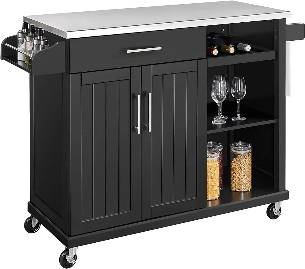 

Kitchen Cart with Stainless Steel Top and Storage Cabinet, Kitchen Island on Wheels with Drawer & Open Shelves & Wine Rack