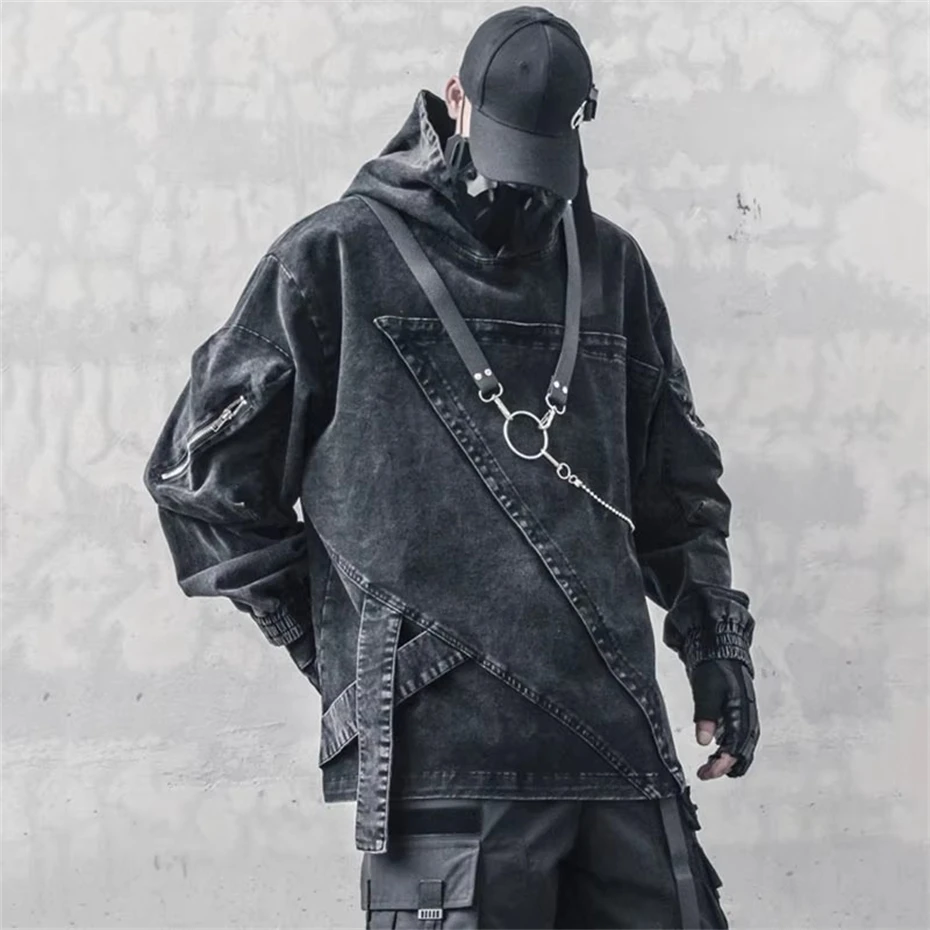 Men's Denim Hoodies Patchwork Ribbon Hooded Pullover Sweatshirts Men Oversized Streetwear Hip Hop Washed Spring Black Hoodies