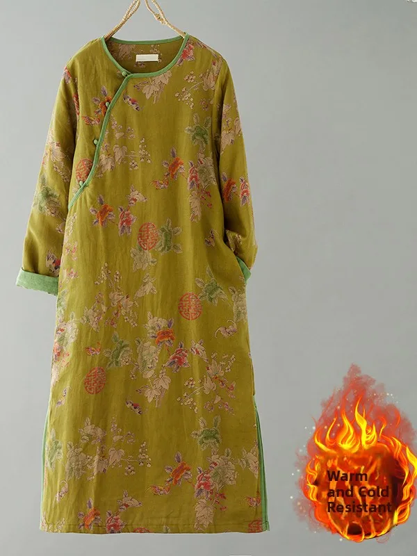 

Thiened Cotton Linen Print Casual Dr with Print round Ne Chinese Sle Women's Winter Faion Retro Gown