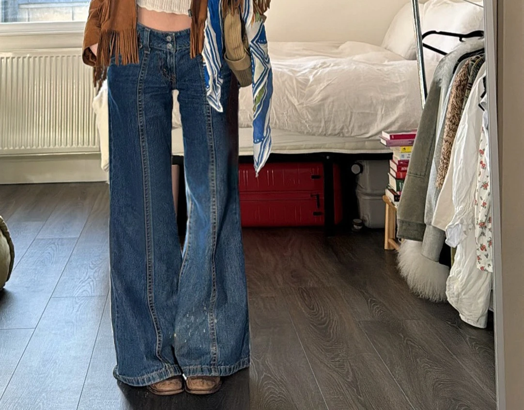 Jeans micro alargados retrô patchwork para mulheres no outono e inverno, calças justas e largas para abraçar o chão