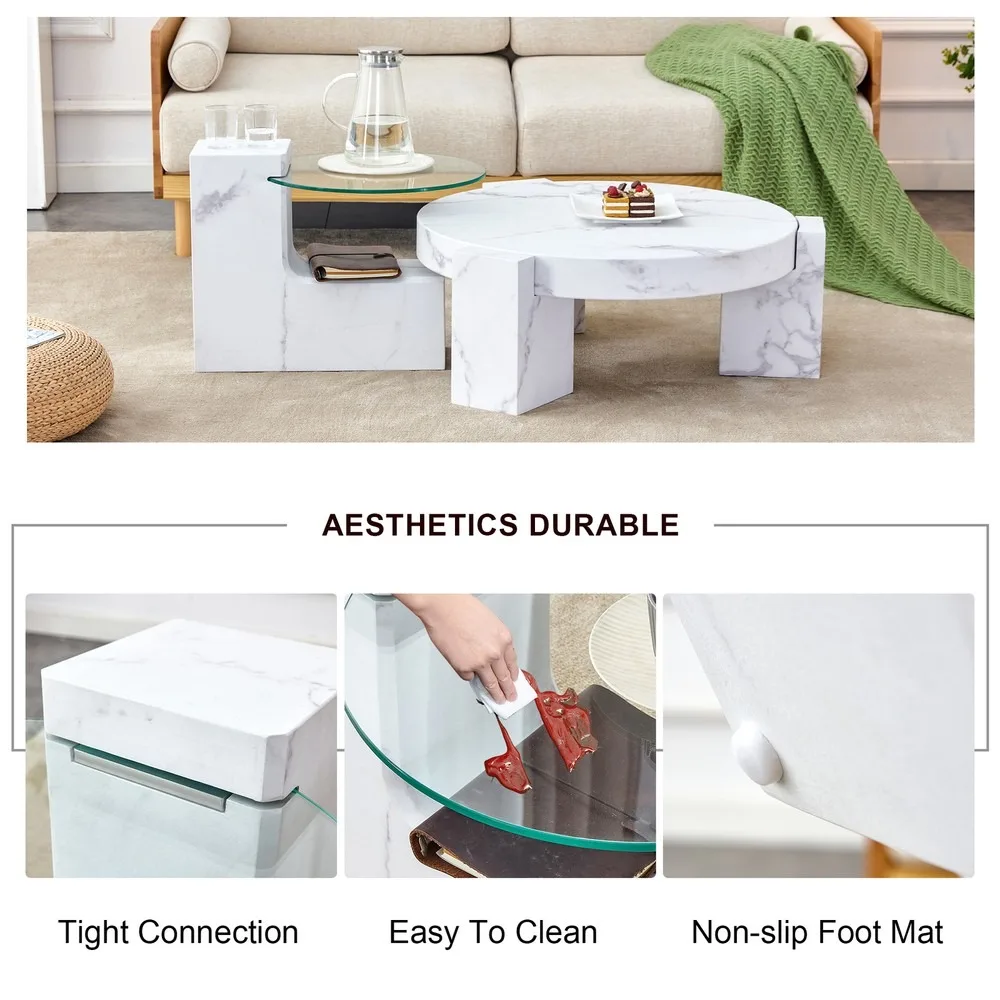 Conjunto de mesas de centro de madeira com 2 mesas de centro de mármore falso com mesa central superior de vidro