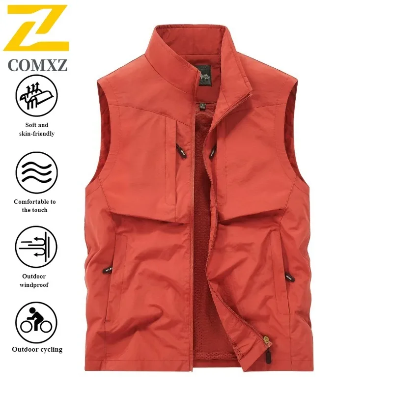 

Men Outdoor Sportwear Vest Spring Autumn Korean style Camping Waistcoat Casual Solid Color Utility Jacket Multi-Pocket Workwear
