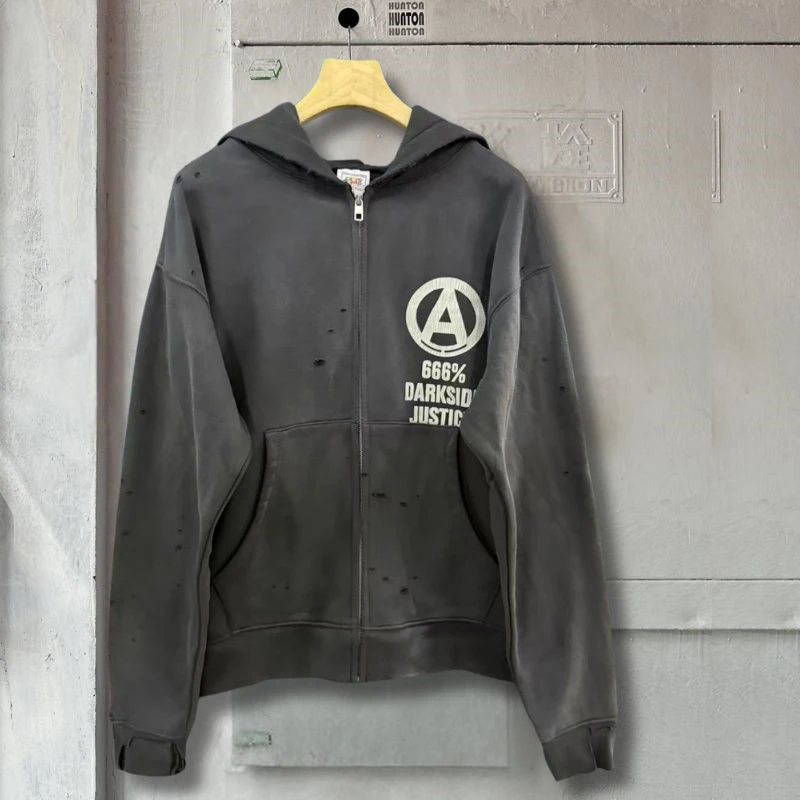 American Street Vintage Distressed Washed Worn Hole Saint Jackets Cracked Letter Logo Zipper Hoodie Oversize Hoodys Men Women