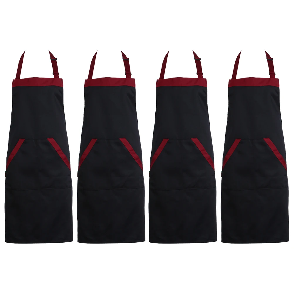 4Pcs Kitchen Apron with 2 Pockets Chef Apron Black Red Waiter Apron Food Service Apron for Hotel Restaurant Kitchen