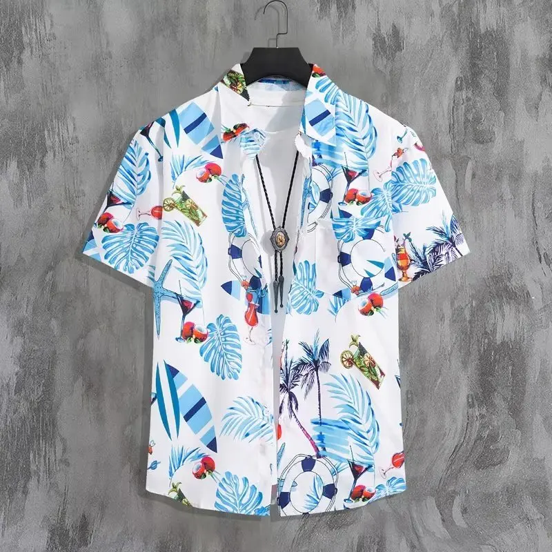 Raya Kurta Kemeja Hawaii Lelaki Summer Loose Casual Flower Bercorak Printing Short Sleeve Shirt Men Baju Kemeja  Lengan Pendek
