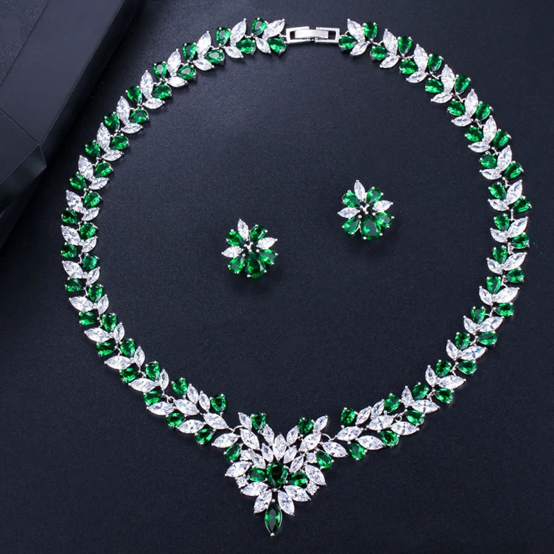 ThreeGraces White Gold Color Marquise Shape Zirconia Stones Big Flower Statement Necklace Sets For Women Party Jewelry JS106