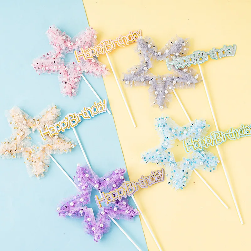 3pc Non-edible Baking Birthday Cake Decoration Plugin Dessert Table Party Five-pointed Star Dreamy Mesh Pearl Star Hb Card