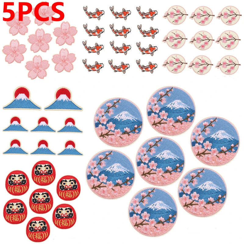 Lote de 5 parches bordados termoadhesivos de Gato de la Suerte Japonés Monte Fuji para ropa, parches fusibles DIY