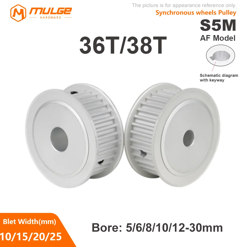 S5M pulley 36T/38Teeth Timing Pulley AF Type  Keyway Bore circular hole 5-30mm For S5M Timing Belt Width 10/15/20/25mm 5GT