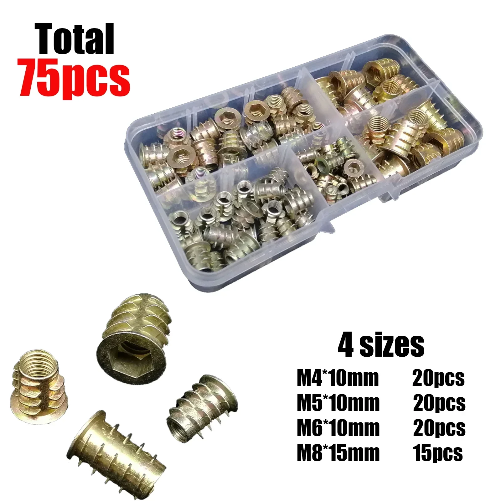 

75pcs/box M4 M5 M6 M8 Metal Hexagon Hex Socket Allen Head Embedded Insert Nut E-Nut Assortment Set Kit Box for Wood Furniture
