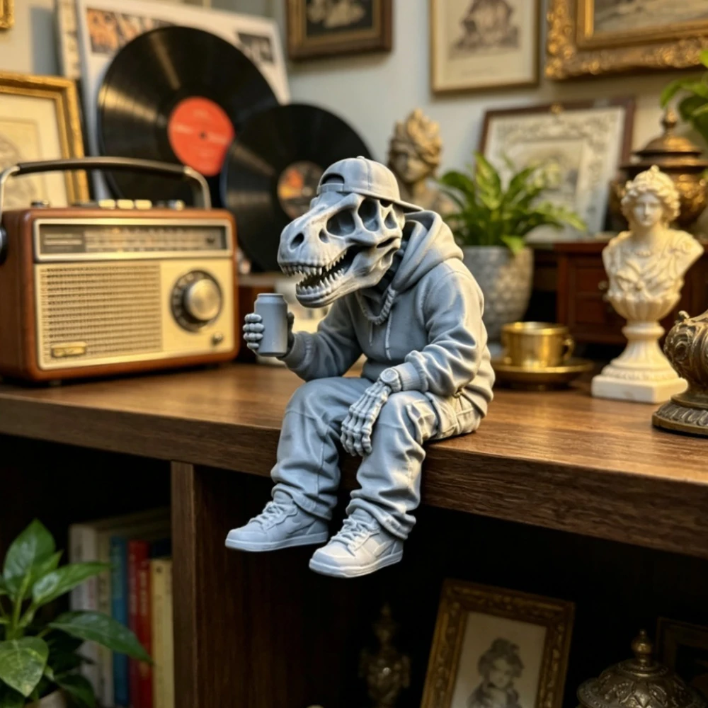 Urban Hip Hop Dinosaur Skull Statue DIY Coloring Cap Hoodie Trex Figurines Ornaments Holding Soda Can Gamer Room Desk Edge Decor