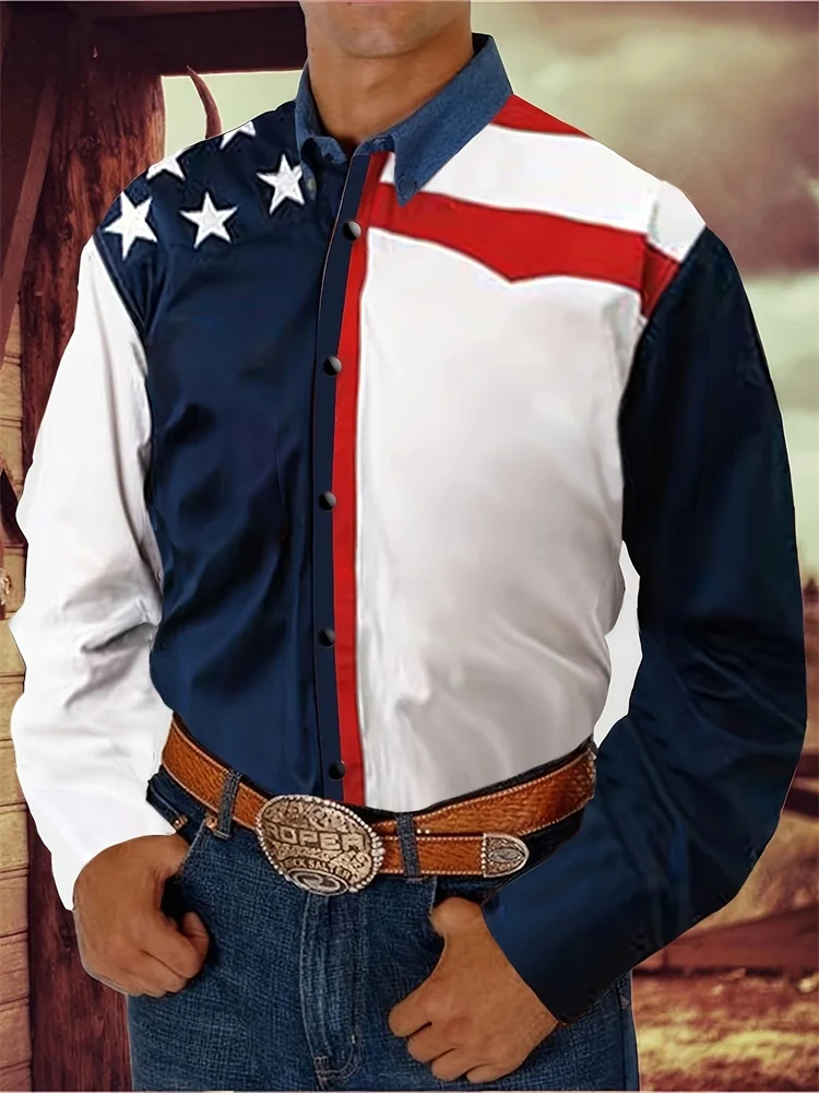 Outdoor Street Men\'s Western Cowboy Shirt American Flag Print Men\'s Long Sleeve Shirt Patchwork Color Block Men\'s Lapel Shirt
