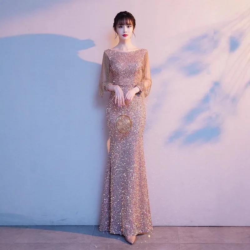 

Summer Evening Dress for Women 2026 New Sequin Temperament Niche High-end Fish Tail Toast Dress High-end Sense Host Skirt