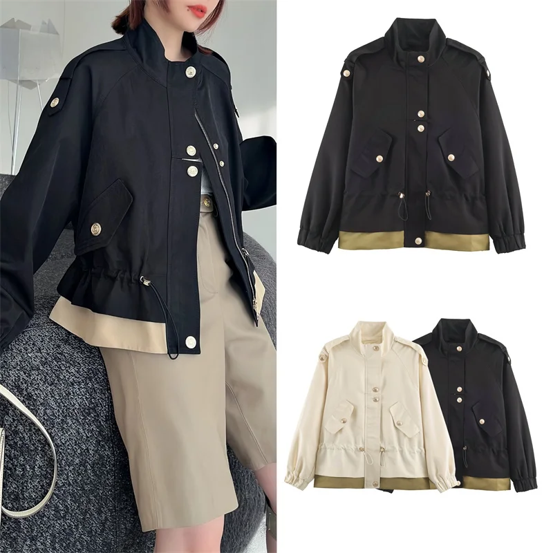 Guobioziy Women's Jacket 2026 Early Autumn New Fashionable Patchwork Drawstring Waist Color-Block Stand Collar Short Coat