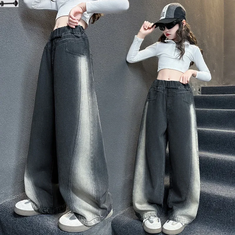 Girls Jeans for Kids New Gradient Color Fashion Denim Wide Leg Pants 2024 Spring Autumn Teenagers Loose Long Trousers 5-14Years