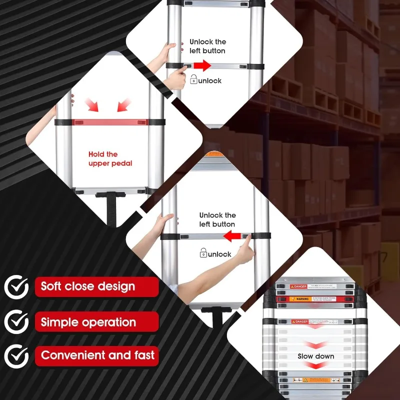 Telescopische Ladder,15.5 Voet Aluminium Telescopische Verlengladder, Zacht Dicht Ontwerp Multifunctionele Uitschuifbare Ladder