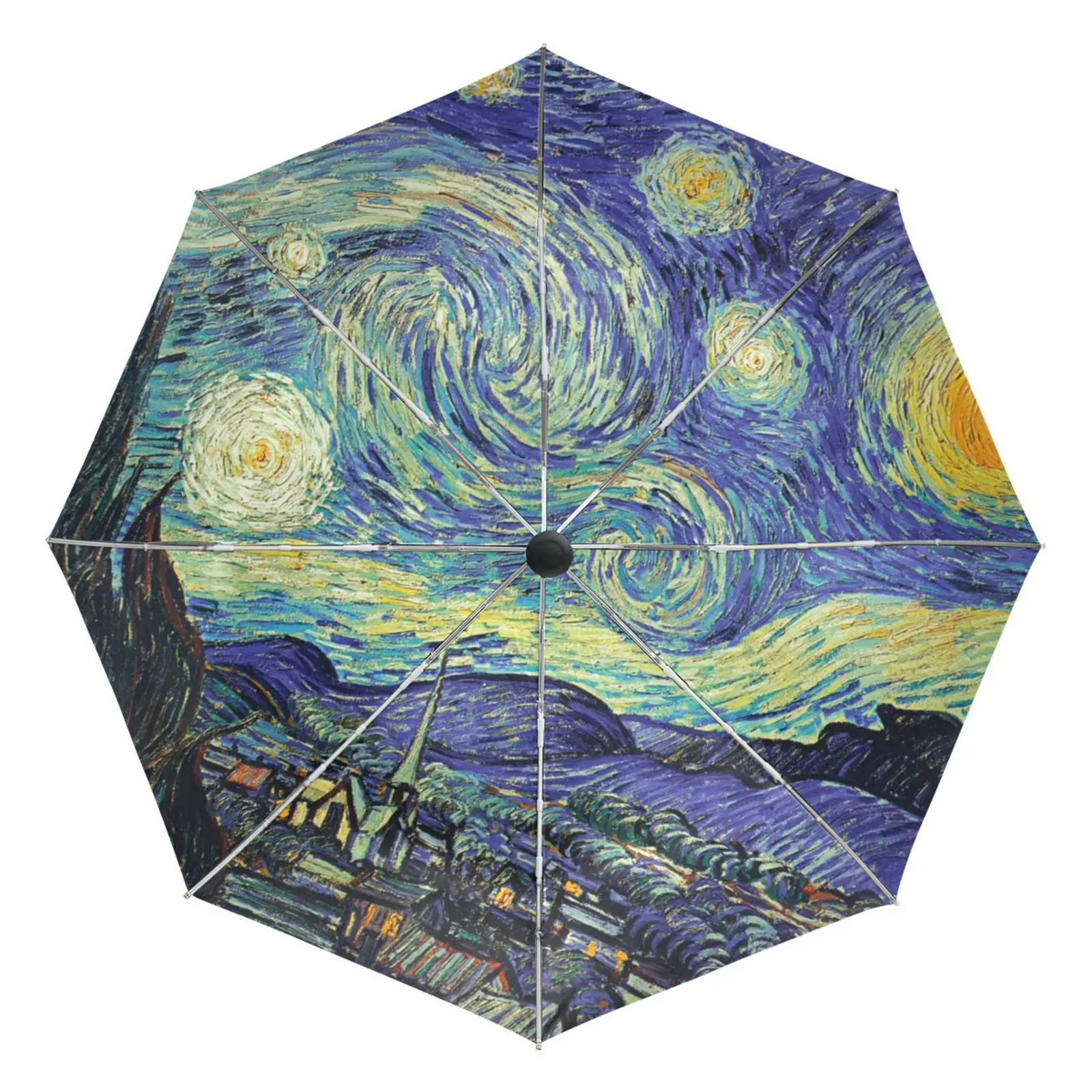 Outer Black Coating Automatic Umbrella Parasol Van Gogh Starry Night Painting Portable Anti-UV Three Folding Umbrella Rain Women