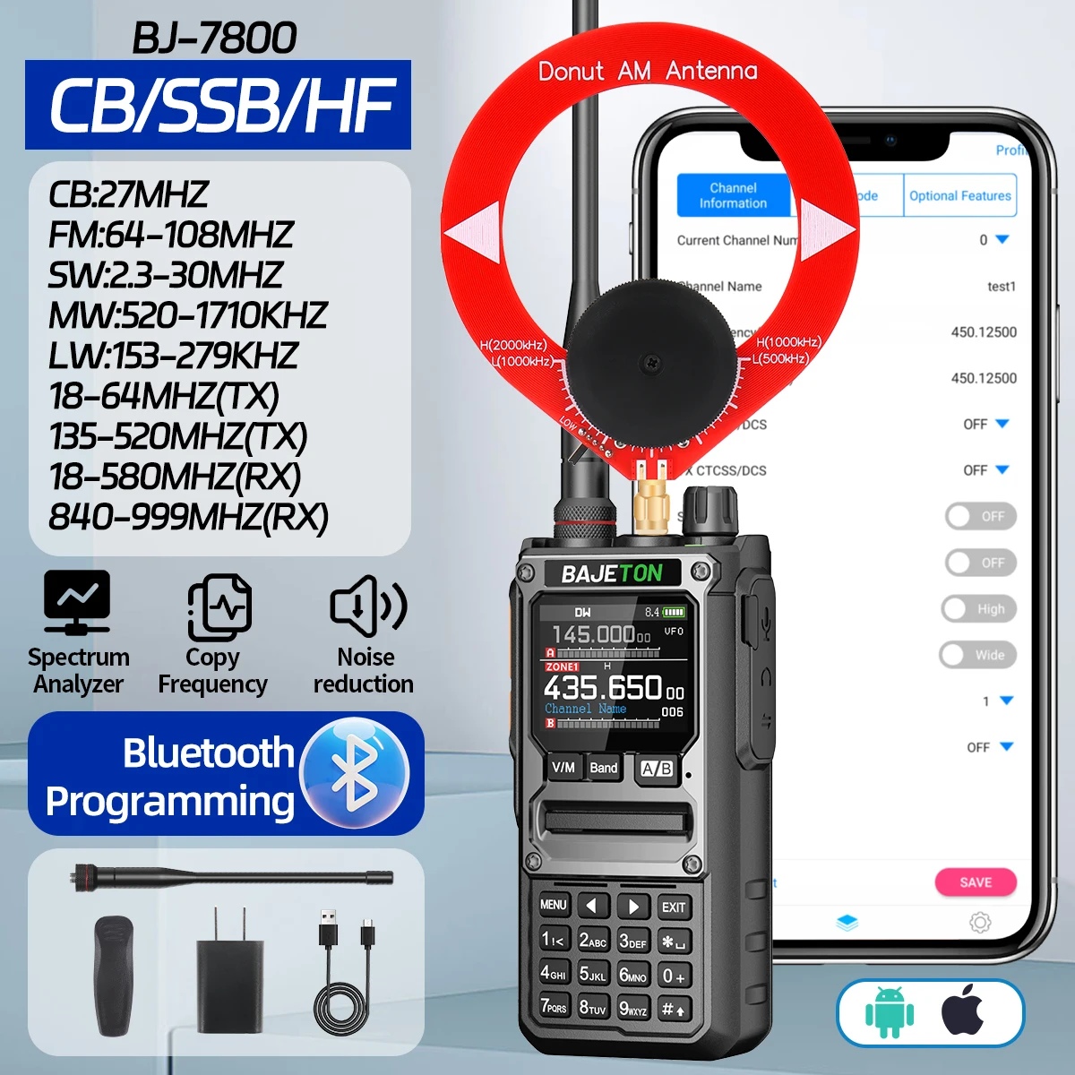 BAJETON BJ-7800 Walkie Talkie NOAA SW MW LW AM SSB CB 10W Receive Wireless Bluetooth Phone Programming for RT-920 Two Way Radio