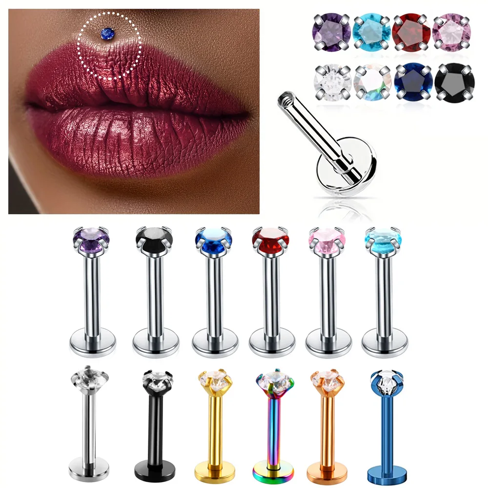 Implant Stainless Steel Flat Back Labret Stud Earrings Lip Ring Internally Threaded Zirconia Cartilage Helix Piercing Jewelry