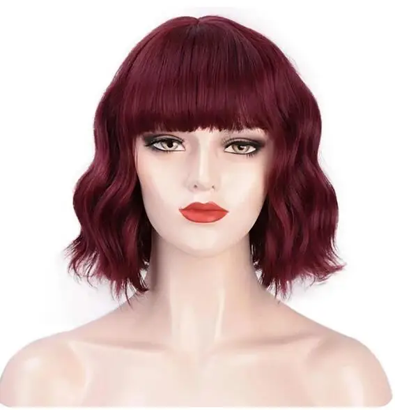 Synthetic Hair Wigs Curly Bob Wig with Bangs Short Bob Wine Red Heat Resistant Bob Style for Women