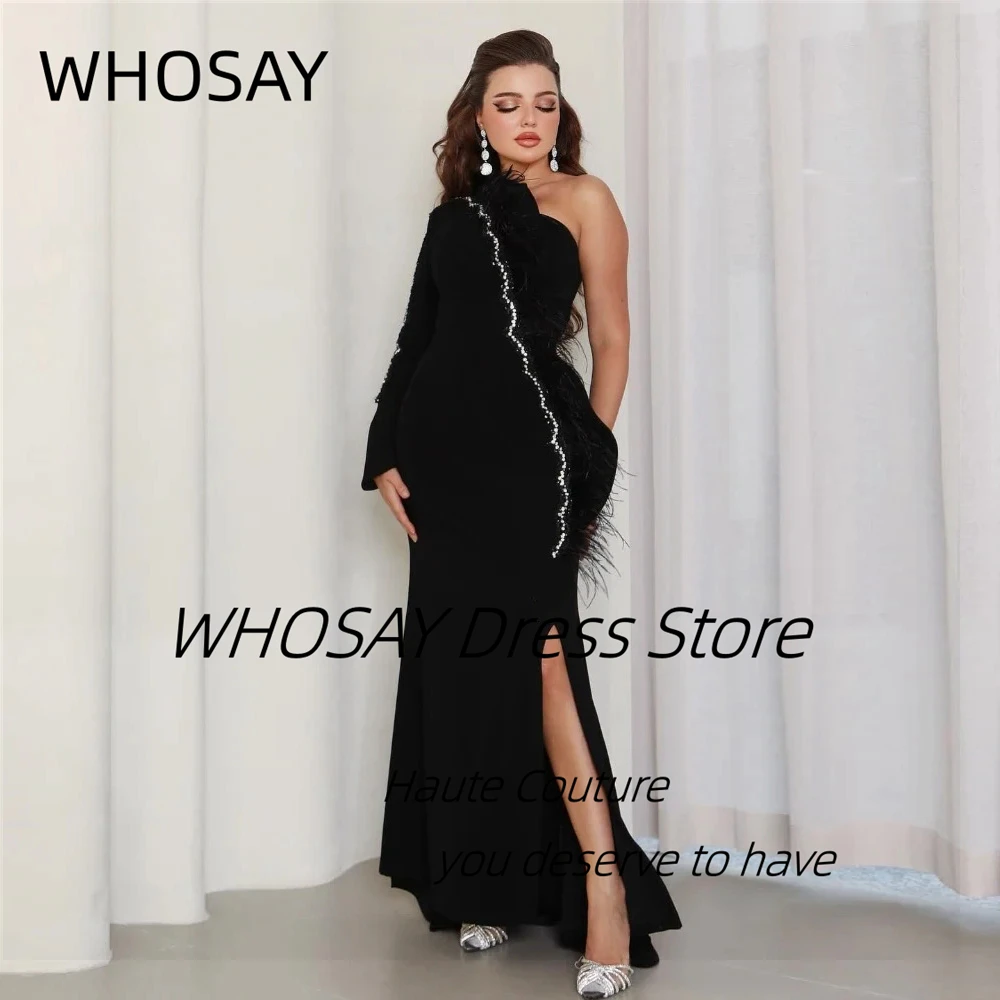 

WHOSAY Индивидуальные платья для выпускного вечера с бисером и перьями на одно плечо с длинным рукавом فساتين سهرة Черные вечерние платья с разрезом по бокам