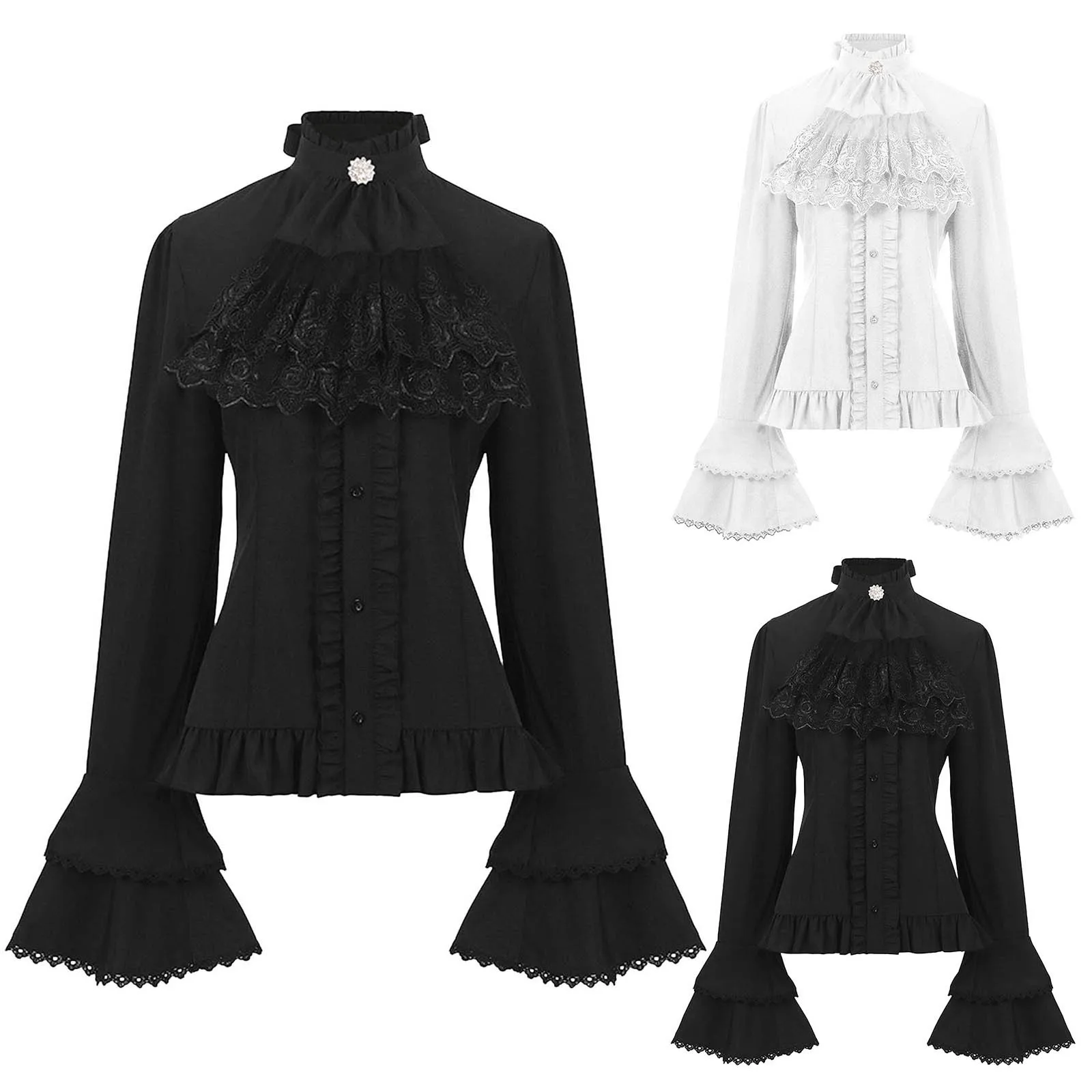 Halloween Gothic Style Cosplay Shirts Lace Ruffled Lolita Tops Bowknot Neckline vintage Blouse Flare Sleeve Button Down Blouses