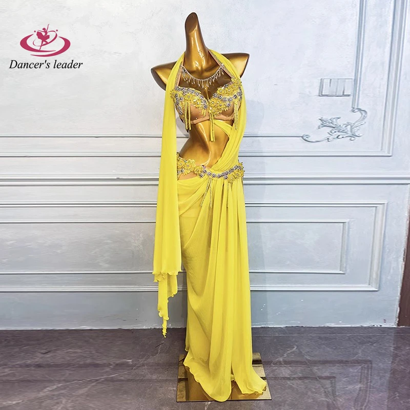 Belly Dance Clothing Rhinestone Women's High-end Pearl Hanging Neck Yellow Flower Bra American Samba Dress Performance Dress