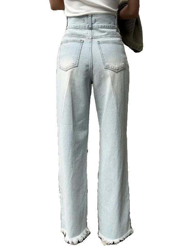 Calças Jeans Fenas de Cintura Alta com Efeito Desbotado Retrô, Pernas Retas e Soltas, com Botões, Estilo Vintage Casual.