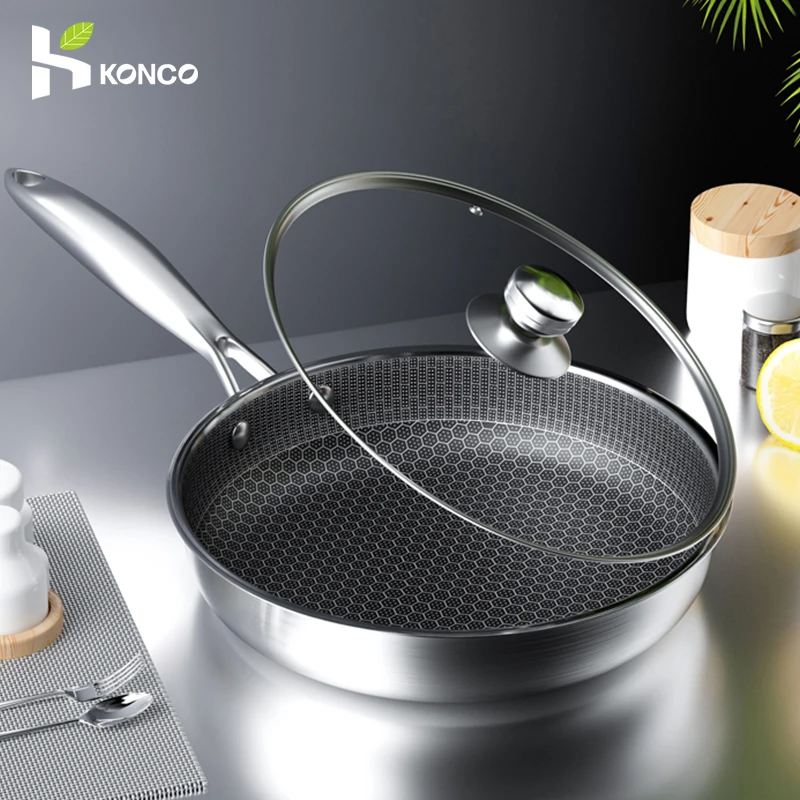

High Quality Frying Pans Stainless Steel Fried Steak Non Stick Pan 26/28CM Kitchen Cooking Wok with Lid Induction Gas Universal