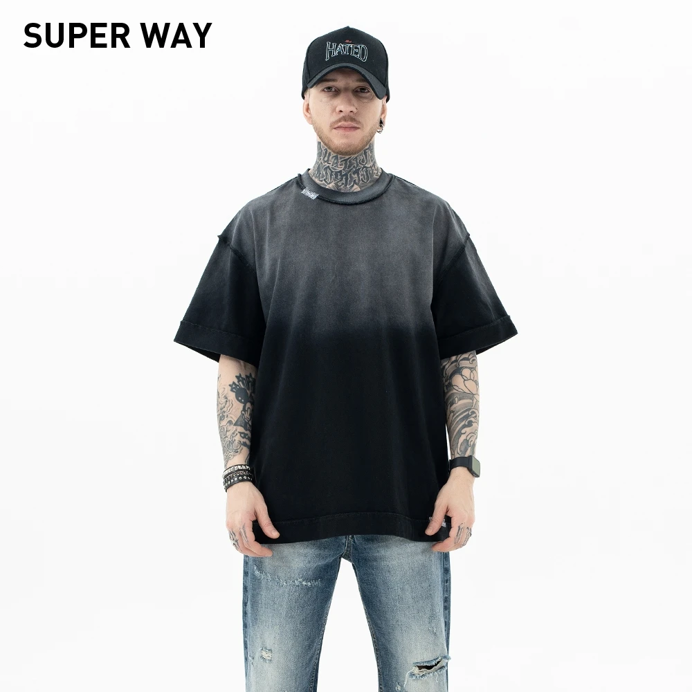 

Superway Original Design Vintage Gradient Unisex T-Shirts Casual Patchwork Short Sleeve Washed Tees High Street Niche Men Tops