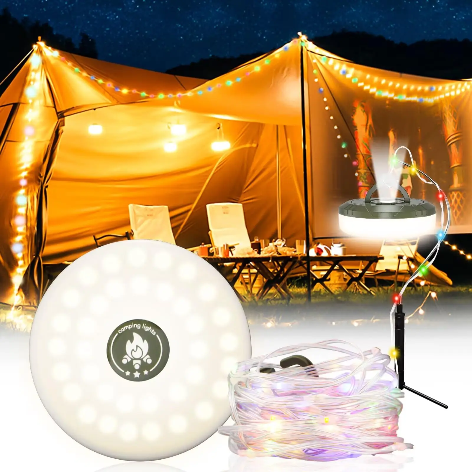 Rechargeable LED 4-in-1 Reel String Light Solar/Camping Lamp 10M Recyclable RGB Atmosphere Light with Hook for Garden Tent Decor