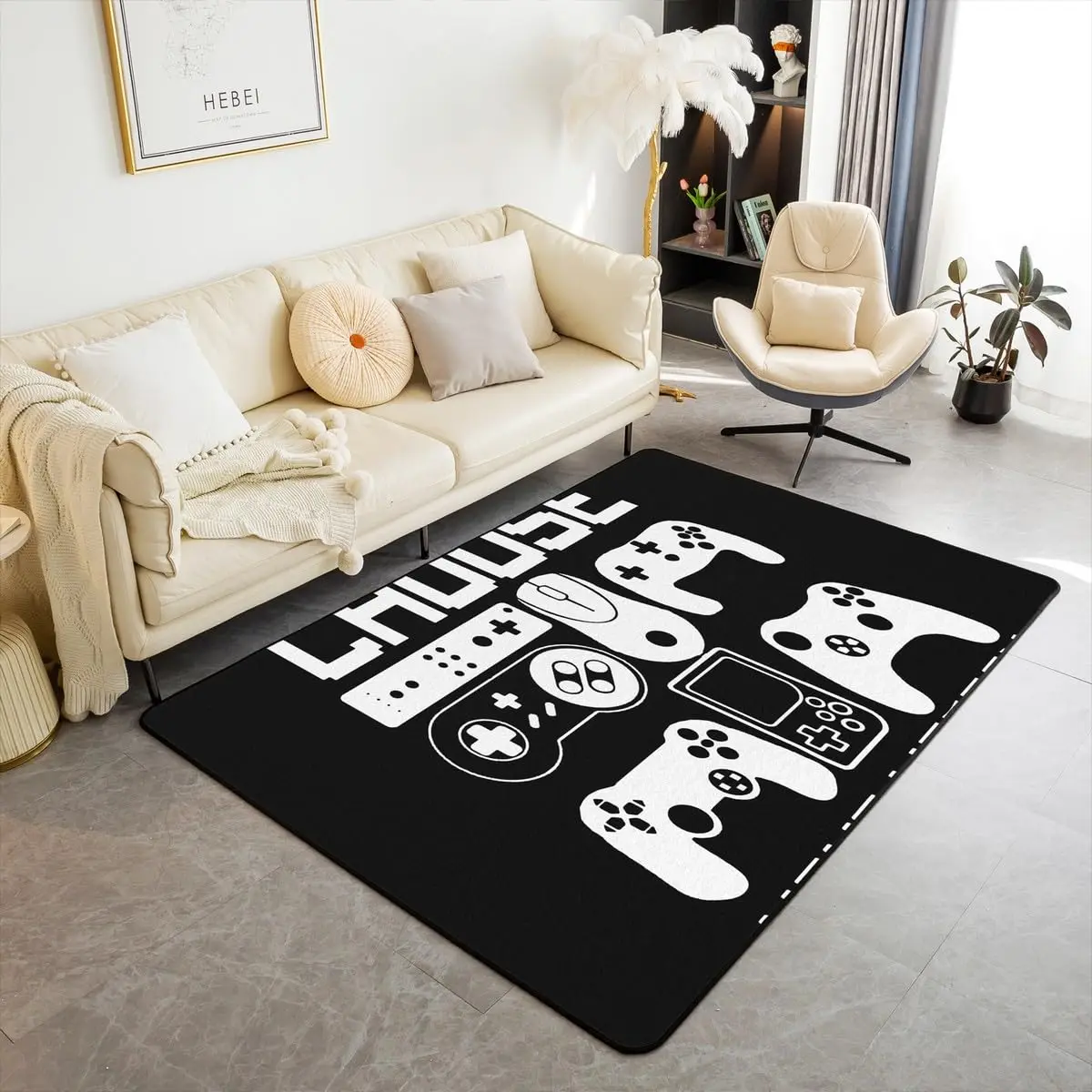 Gamer Console Controller Rug Black Background White Joysticks and Buttons Playful Design