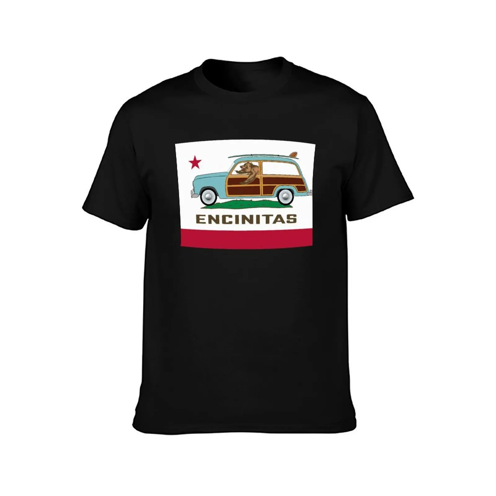 Encinitas California State Woodie Flag T-Shirt, Summer Casual Cotton Tee, Oversized Streetwear Tops, Vintage Graphic Print