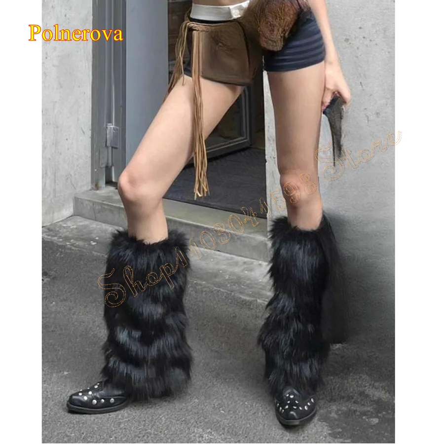 Winter Furry Knee High Boots,Pointed Toe Leather Women Boots Studded Chunky Heel Boots Plus Size 2023 New Zapatos Para Mujere