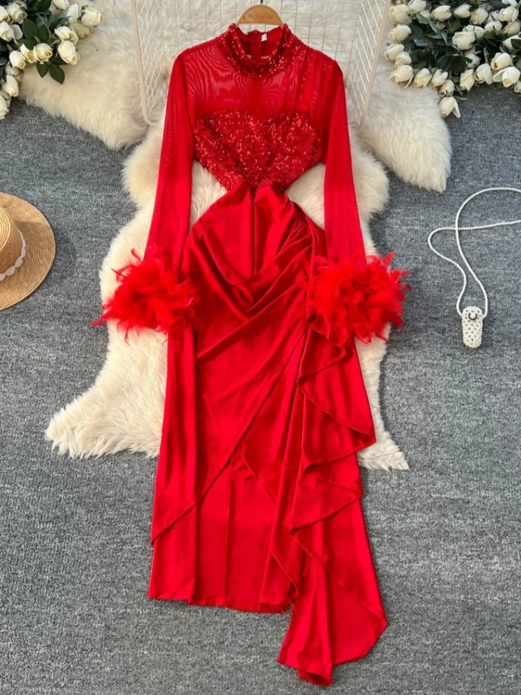 French Elegant Luxury Satin Sequin Dress for Women Feather-Sleeve Patchwork Long Sleeve Slim Ruffle Hem Vintage Casual Dresss