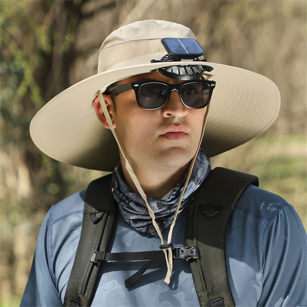 Cappello da sole a tesa larga da esterno con ventilatore solare, cappello da pesca all'aperto con ventola solare a tesa larga, cappello a ventaglio solare kaki