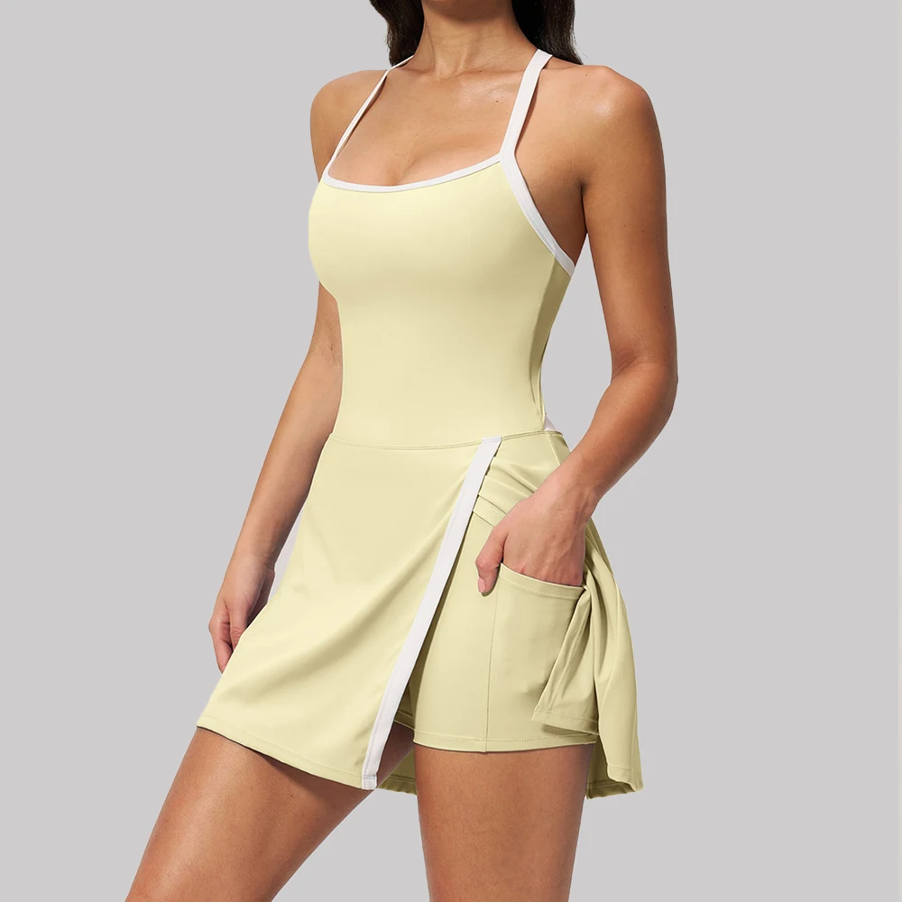 One-piece Yoga Dress Women Fitness Suit Breathable Running Tennis Bodysuit Ballet Sportswear Slim Fit Suspender Pocket Jumpsuit
