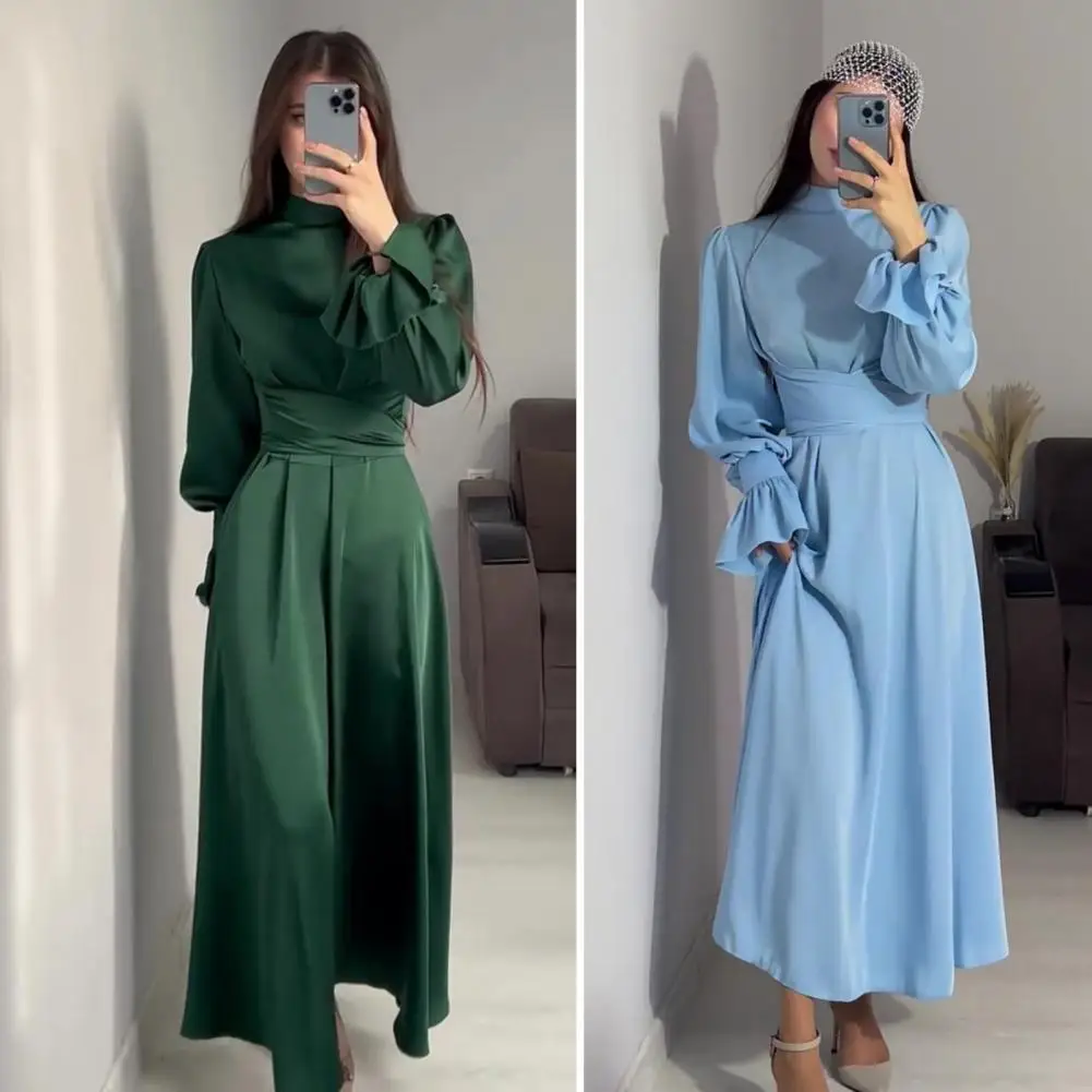 Women Dress Elegant Puff Sleeve Maxi Dress for Women Stylish Stand Collar A-line Pleated Dress for Shopping Parties Prom Fall