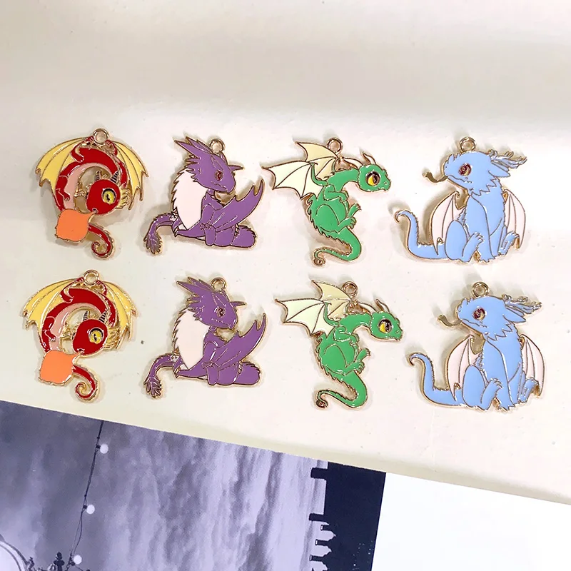 8pcs Alloy Enamel Pterosaurs Fire Dinosaur Charms Cute Chinese Dragon Small Pendant Earring Keychain Vintage Diy Jewelry Make