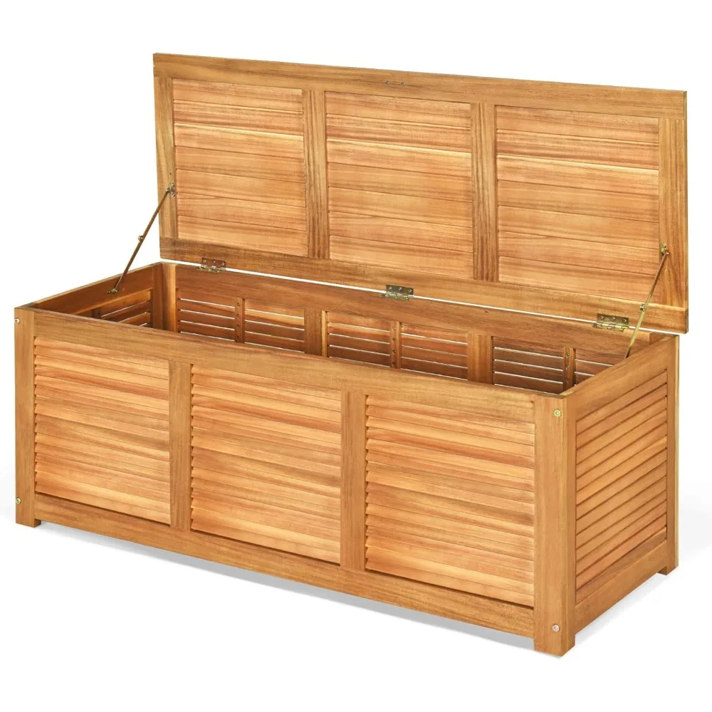 

46 Gallon Acacia Wood Deck Box, Garden Backyard Storage Bench, Outdoor Storage Container for Patio Furniture Cushions and Garde