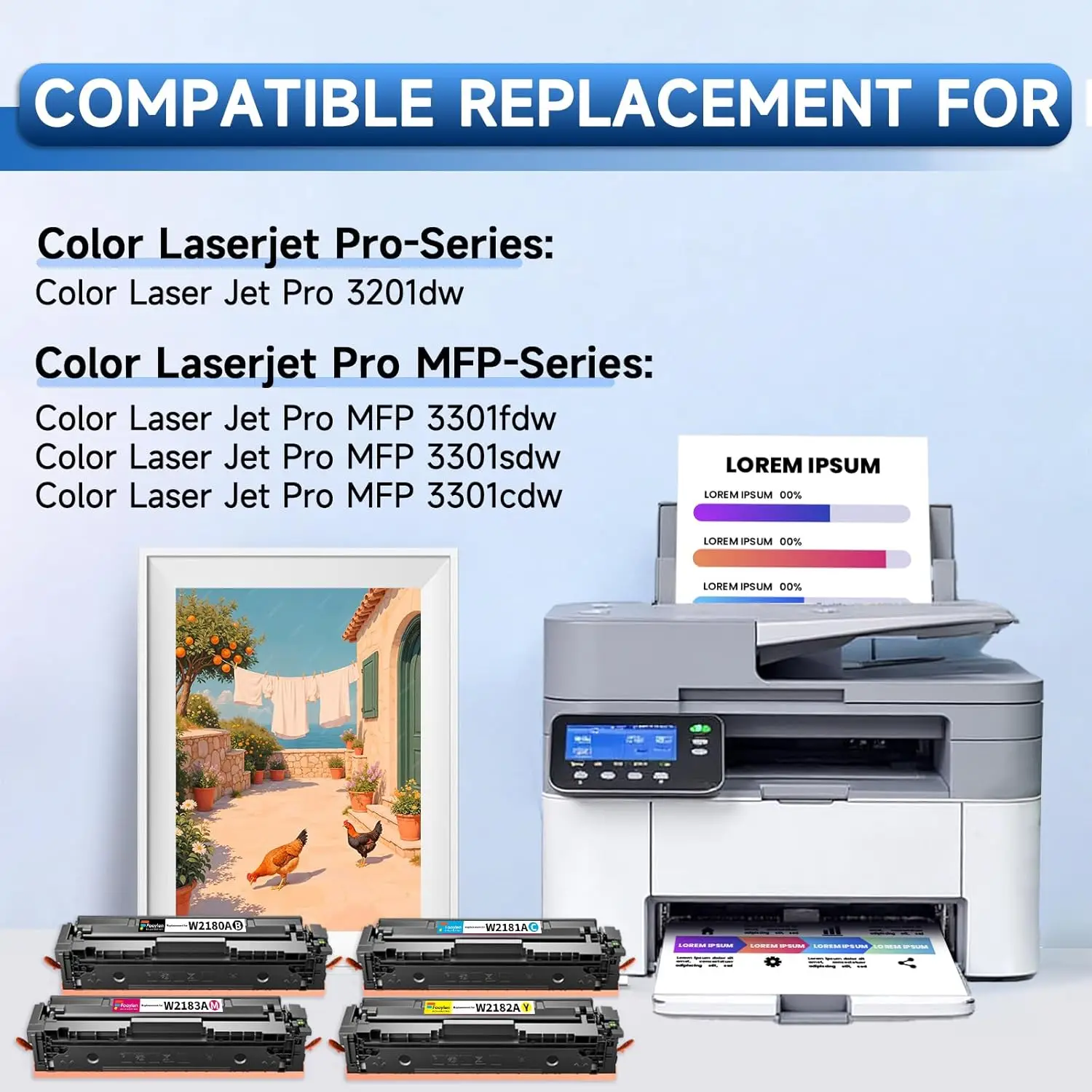 Toner Cartridges 218A with Chip, 4-Pack (Black, Cyan, Yellow, Magenta) Compatible Replacement for 3301fdw, 3301cdw, 3201dw, 3301sdw Printers