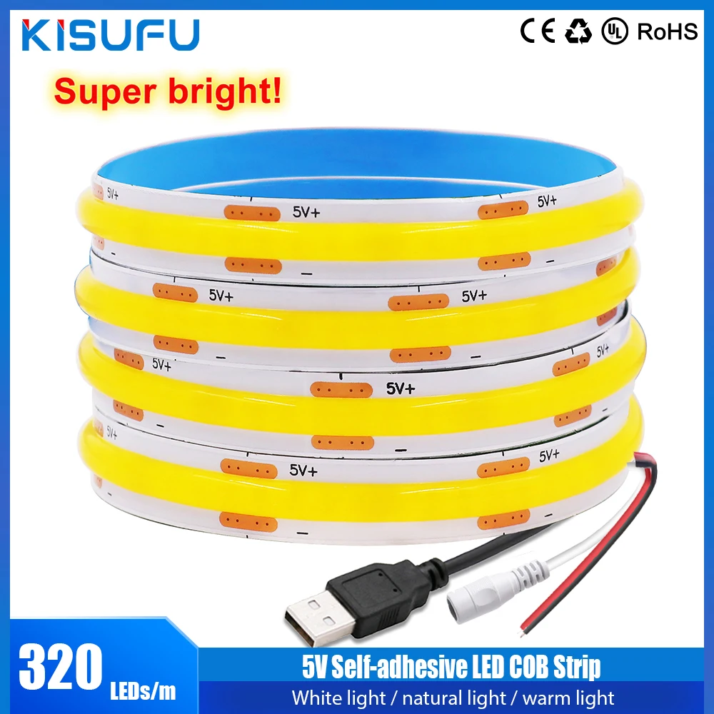 Tira de luces LED COB autoadhesiva, cinta de iluminación de fondo de TV Flexible, lámpara de decoración del hogar, 5V CC, USB/CC/2 pines, 1- 5m