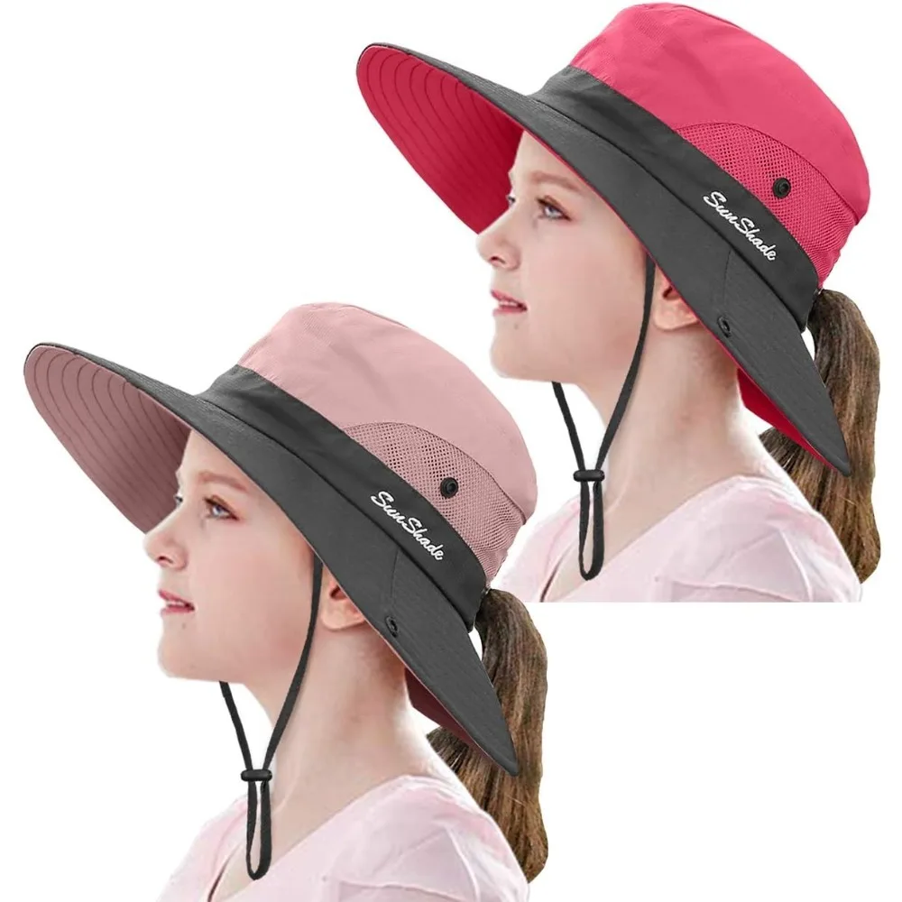 

2 Pieces 5-14Y Kids Summer Sun Hat Wide Brim UV Protection for Girls Ponytail Beach Bucket Cap
